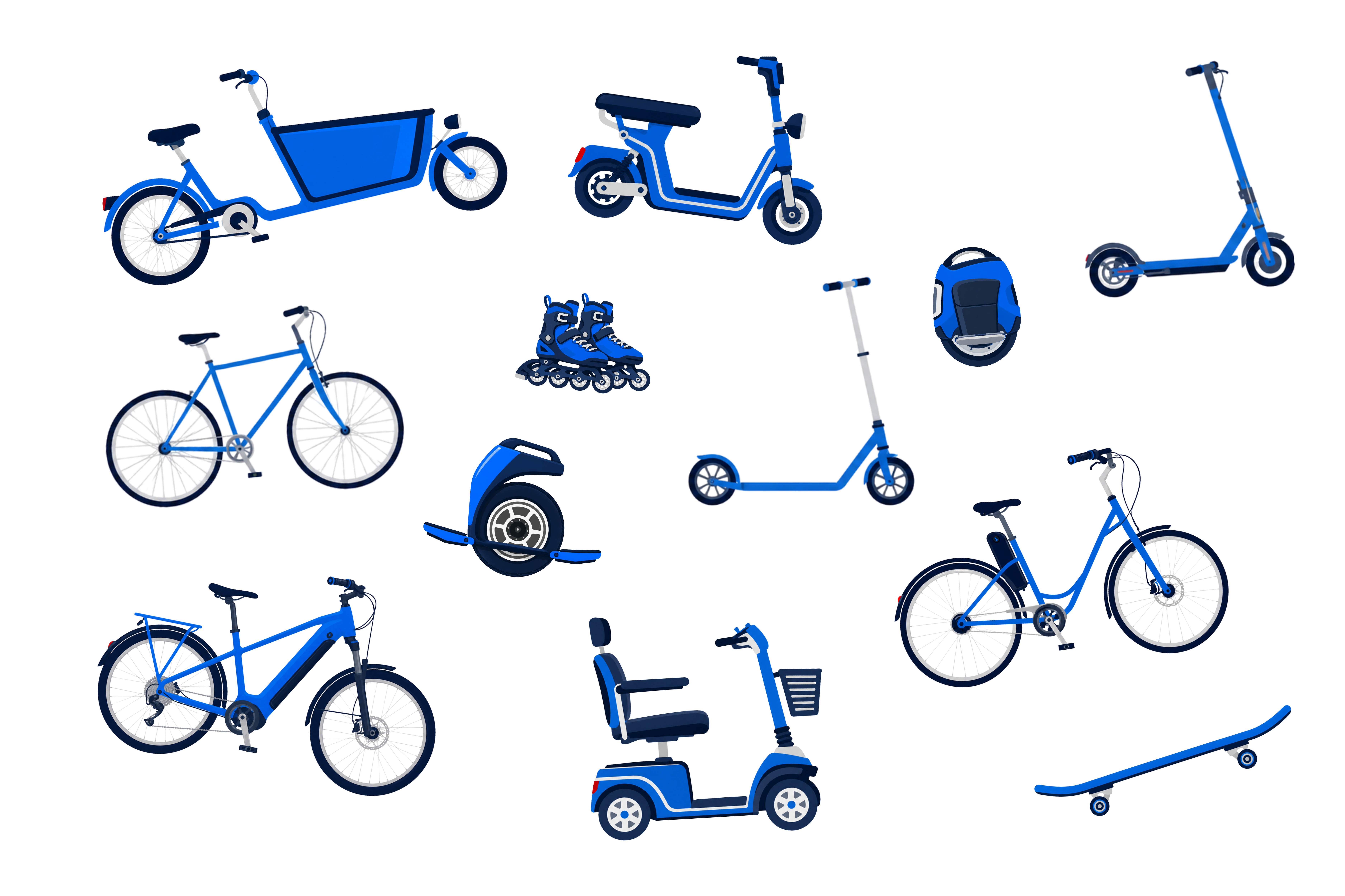 Illustrations of a cargo bike, seated scooter, two standing scooters, two bicycles, an e-bike, rollerblades, a one-wheel board, a mobility scooter, and a skateboard